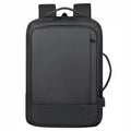 Black waterproof Oxford cloth business backpack with curved shoulder strap showing laptop compartment