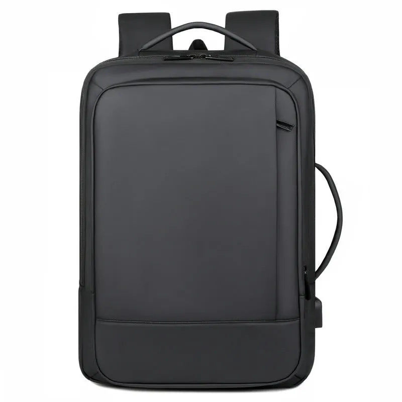 Black waterproof Oxford cloth business backpack with curved shoulder strap showing laptop compartment
