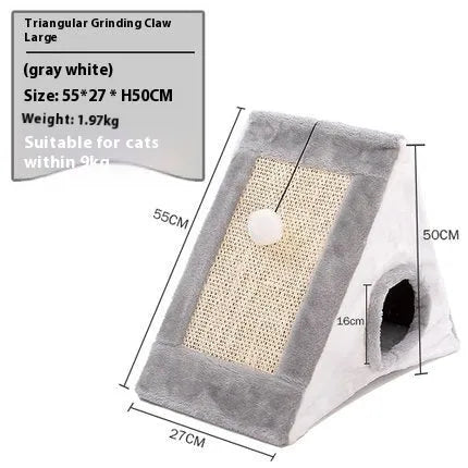 Triangular cat scratching toy with sisal surface in grey-white colour option showing perch design