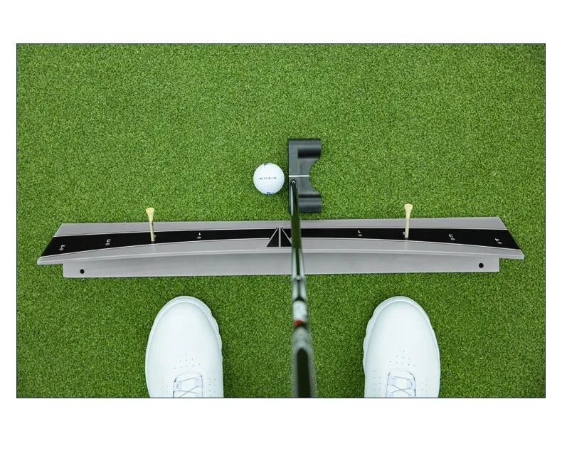 Adjustable golf putter trajectory balance simulator with PVC construction.
