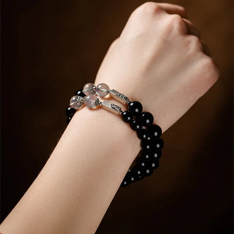 Obsidian Buddhist prayer beads couple bracelet DIY kit showing 8mm and 10mm beads