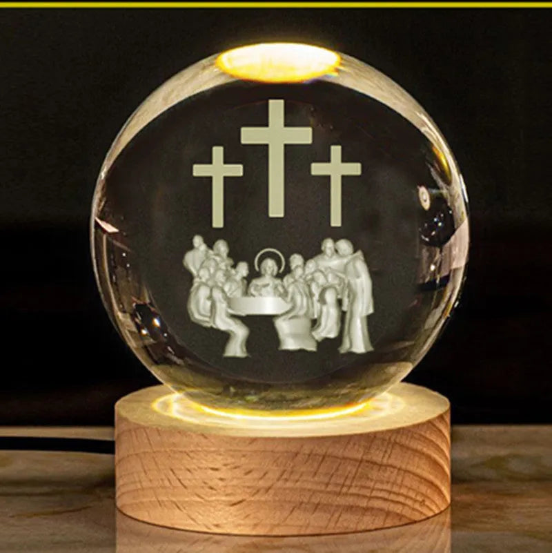 White crystal ball church desk ornament lamp with solid wood warm light base