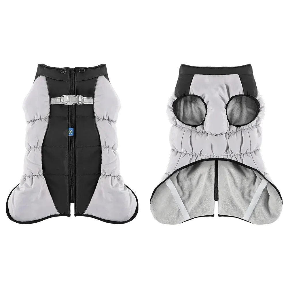 Waterproof dog jacket with built-in harness for large breed winter walks, available in multiple sizes and colours