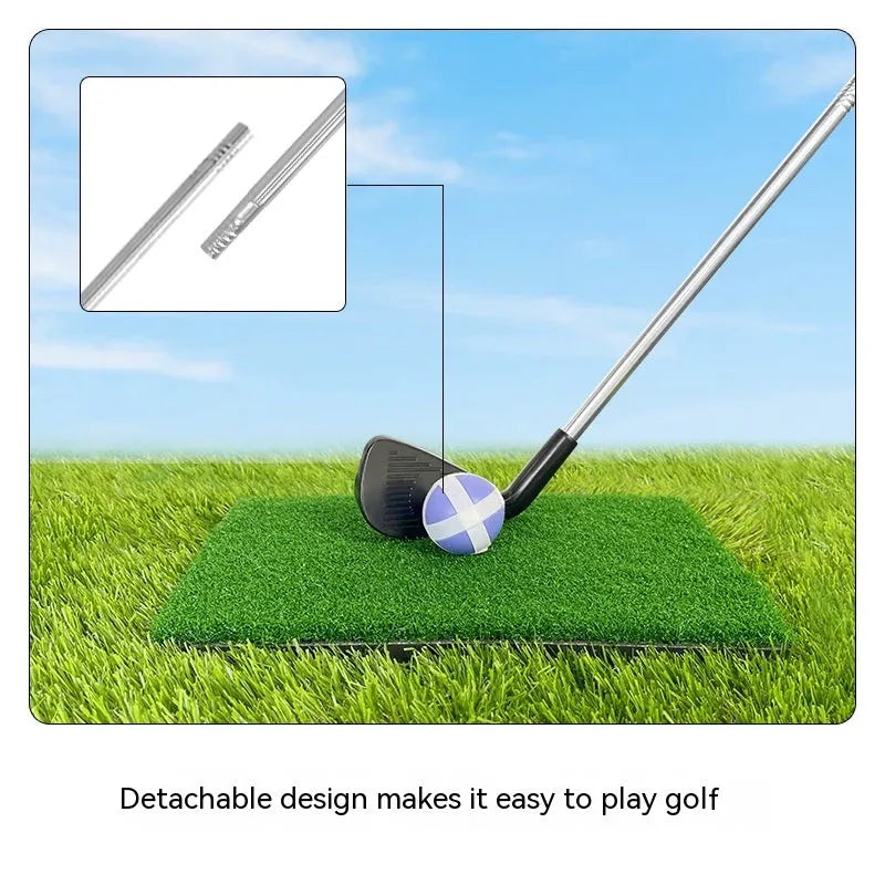 Metal golf practice club shown in two colour options: adult club and children's club for outdoor sports.