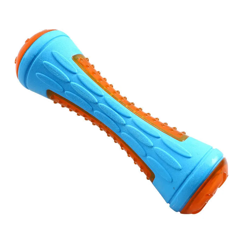 Set of three floating dog toys: blue ball, red barbell, and orange tyre with squeakers