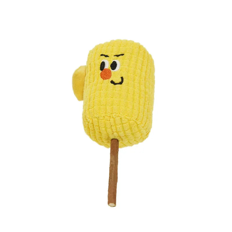 Natural polio wood corn cob shaped cat dental toy with catnip, showing dimensions of 7cm by 6cm by 15cm