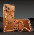 Black metal iPhone 17 Pro Max case showing magnetic bracket in extended position as a stand