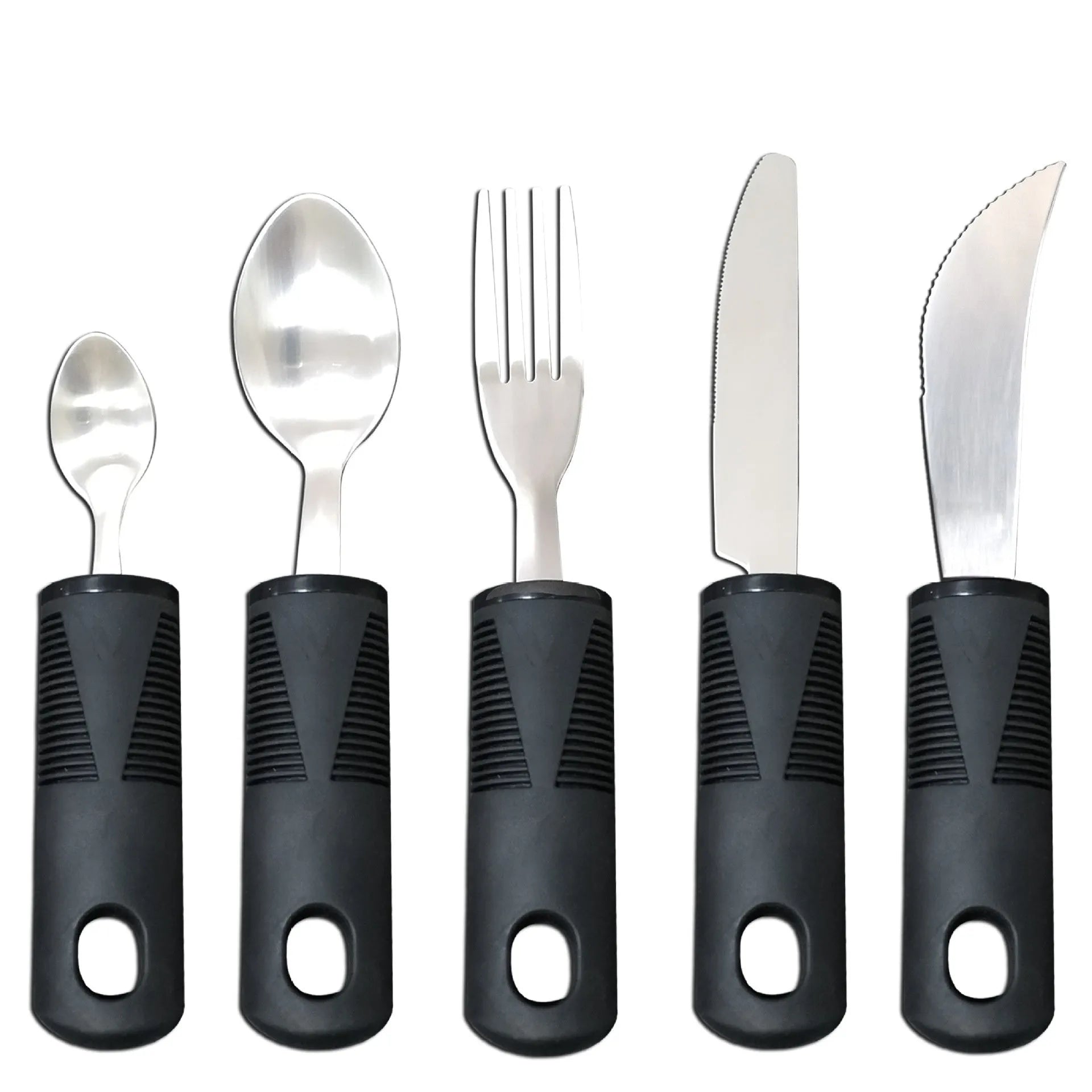 Stainless steel anti-shake cutlery set with rubber handles for adult mealtime assistance
