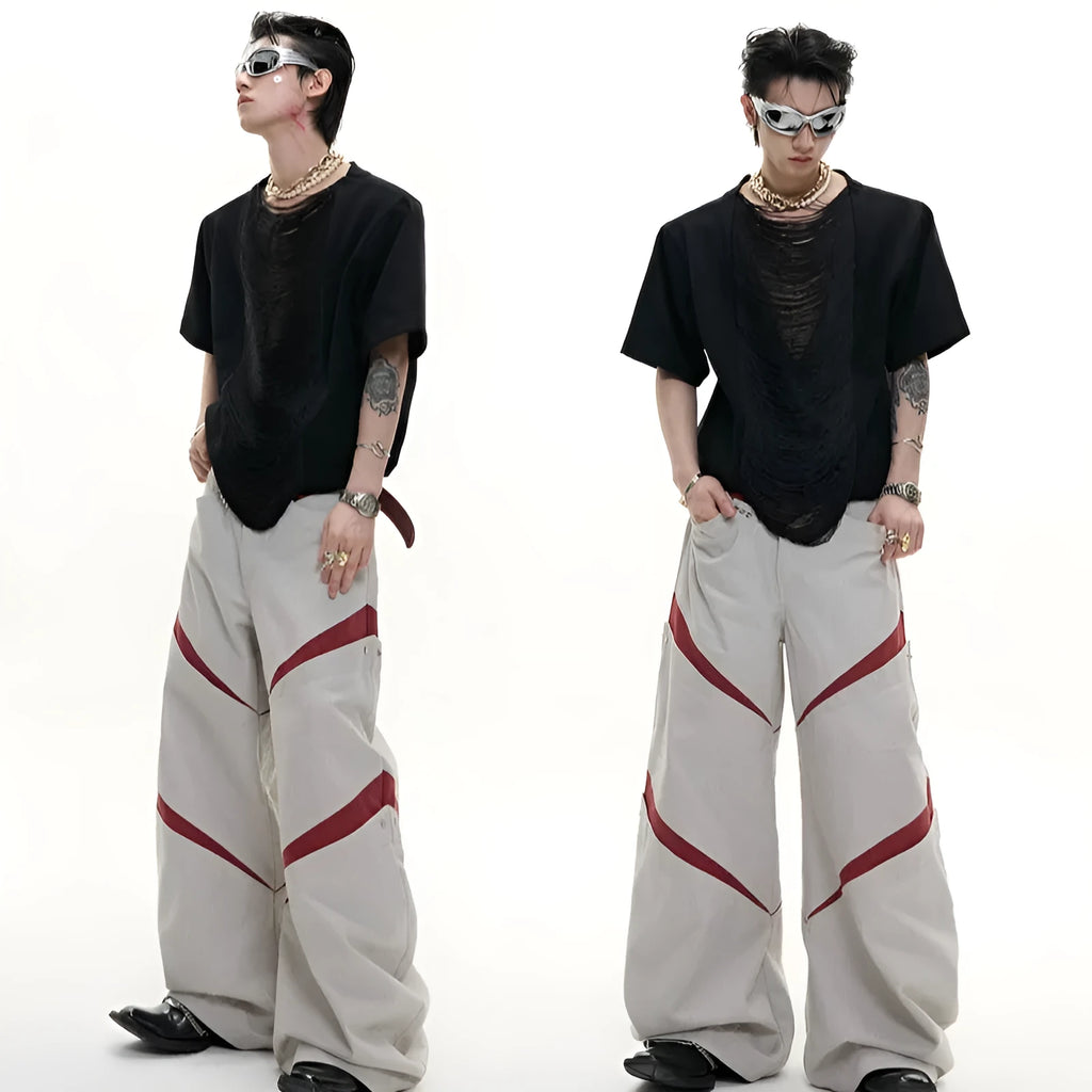 Men's black hollow out V-neck loose fit T-shirt with short sleeves and tassel detailing
