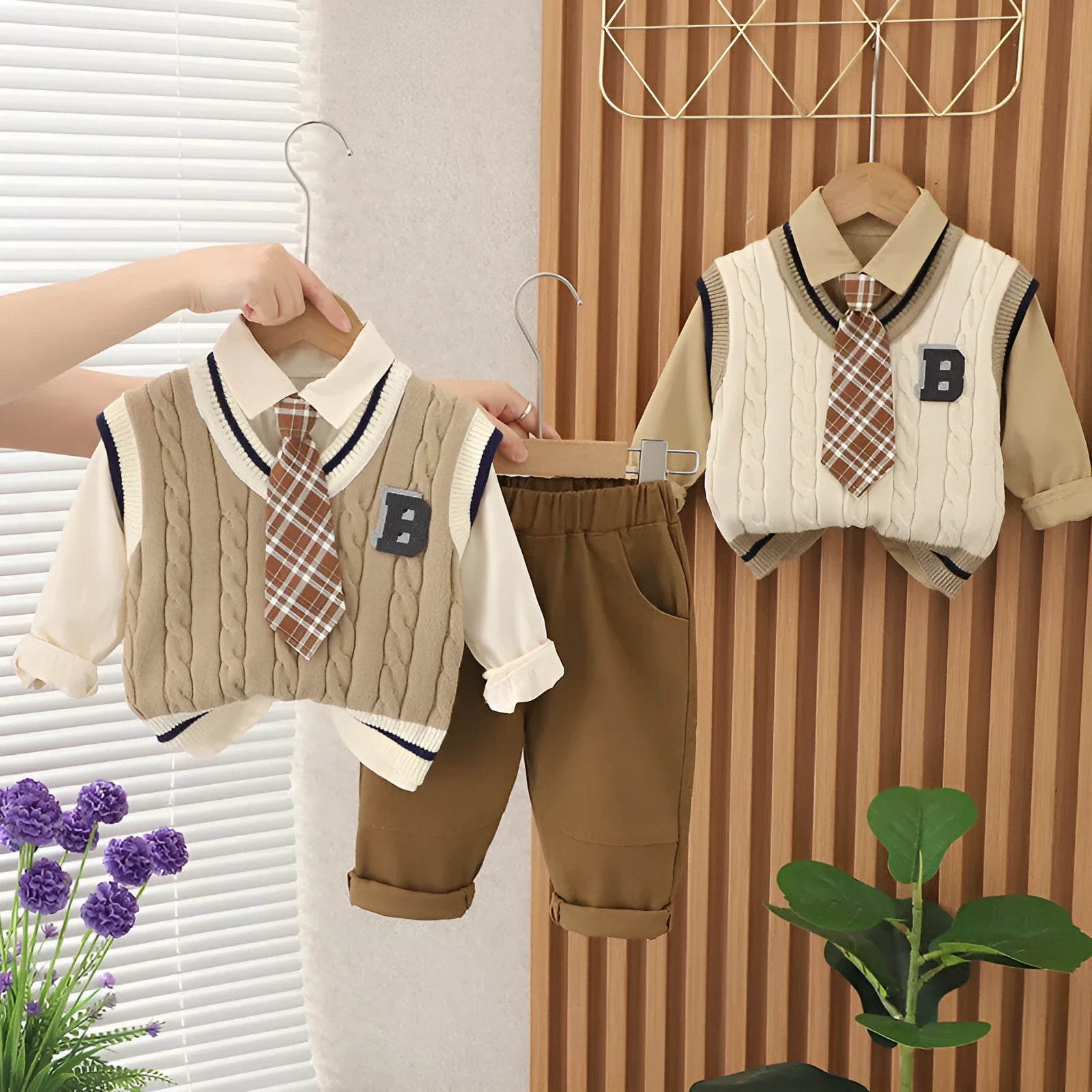 Boys autumn cotton three-piece suit set in beige with letter pattern vest top and trousers