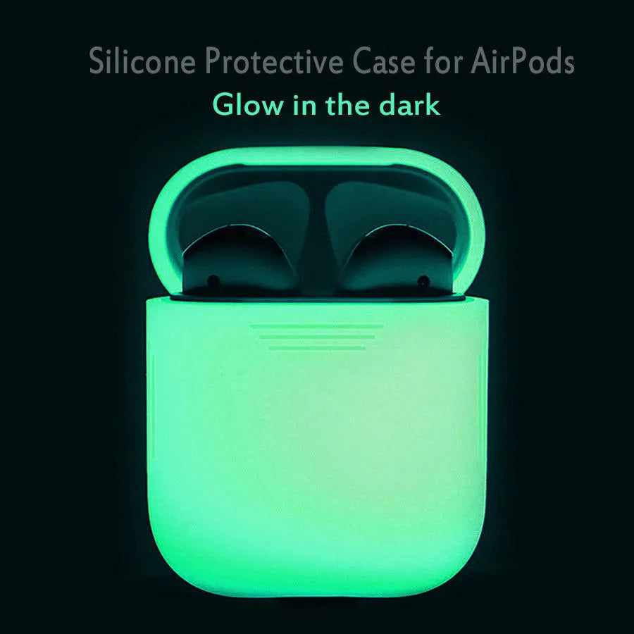 Luminous silicone flip case for Apple AirPods wireless earphones showing open and closed positions.