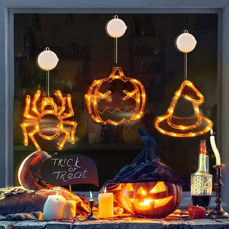 Halloween window hanging LED lights with spider, pumpkin and ghost designs on suction cups