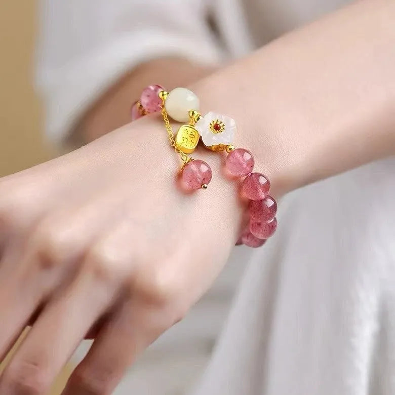 Handcrafted strawberry quartz crystal bracelet with green strawberry quartz moon charm for women