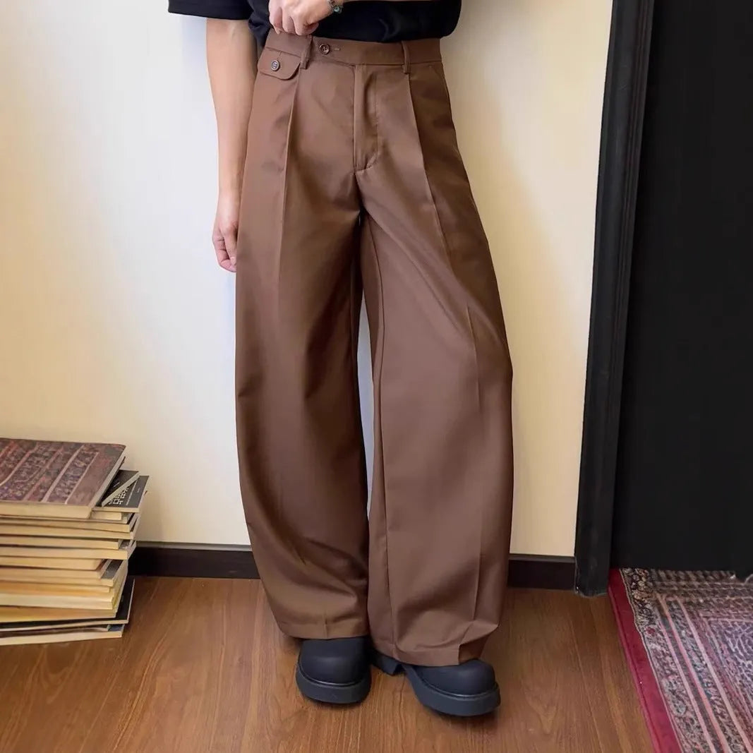 Men's straight-leg wide-leg casual suit pants in black or brown polyester blend fabric