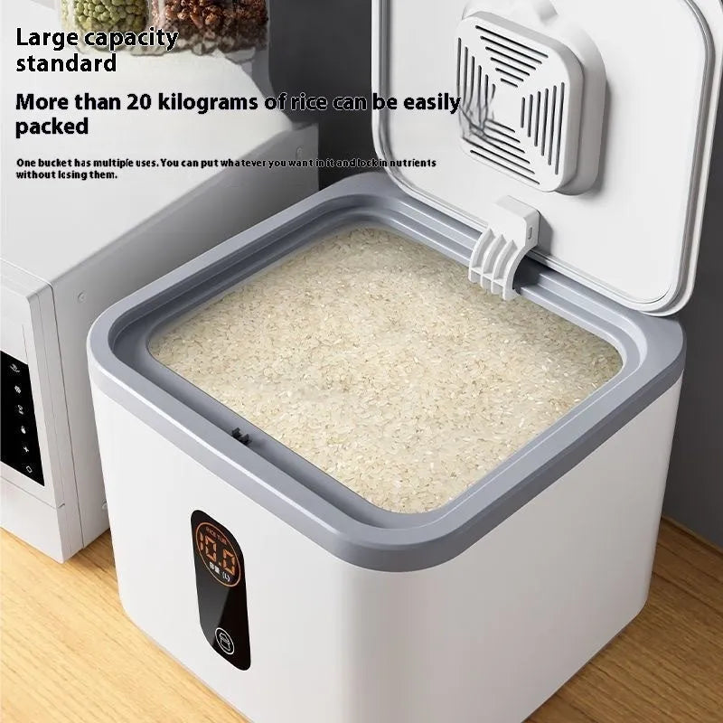 Grey plastic rice storage jar with a sealed lid and a measuring cup