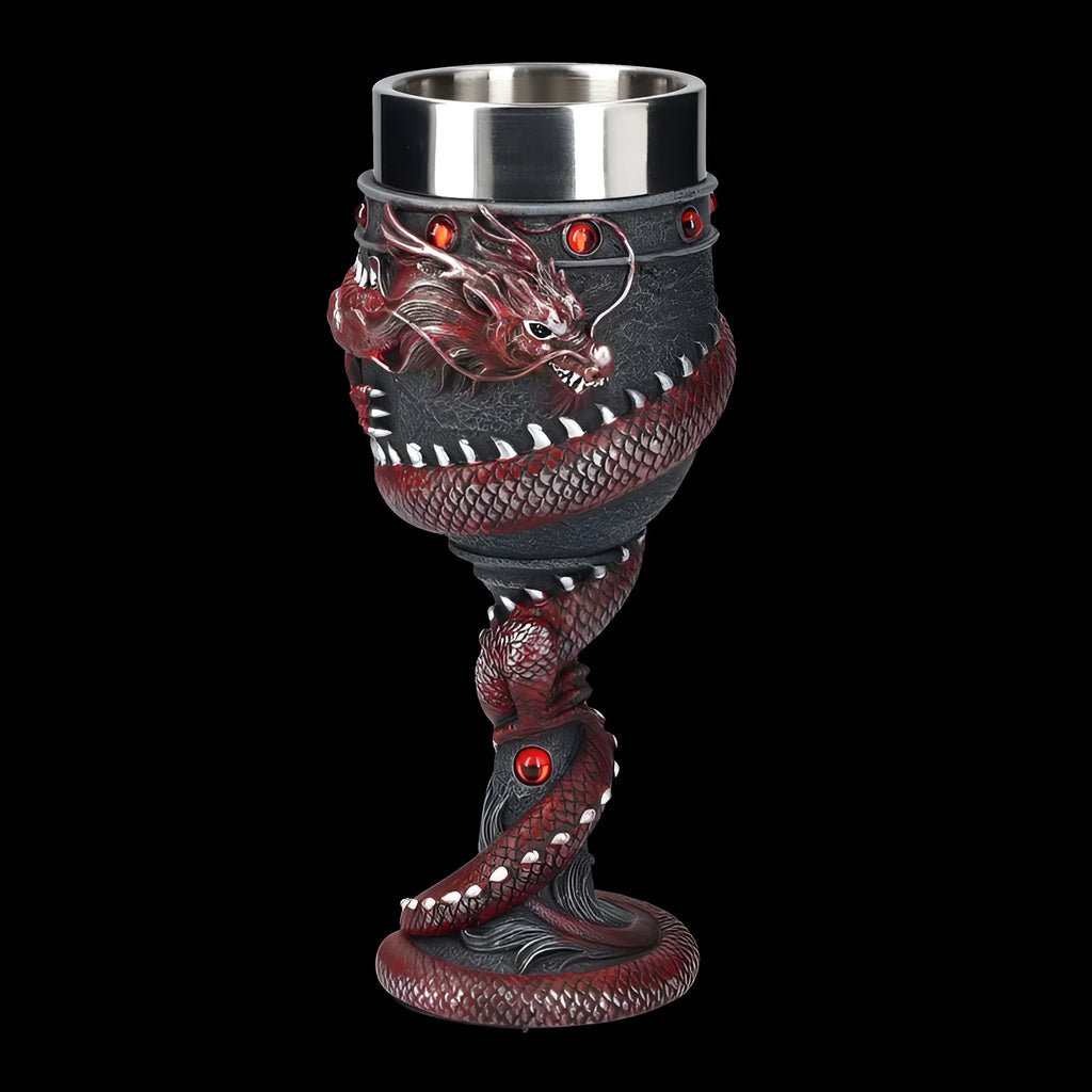 Stainless steel red wine glass with 3D Chinese dragon decoration in retro style