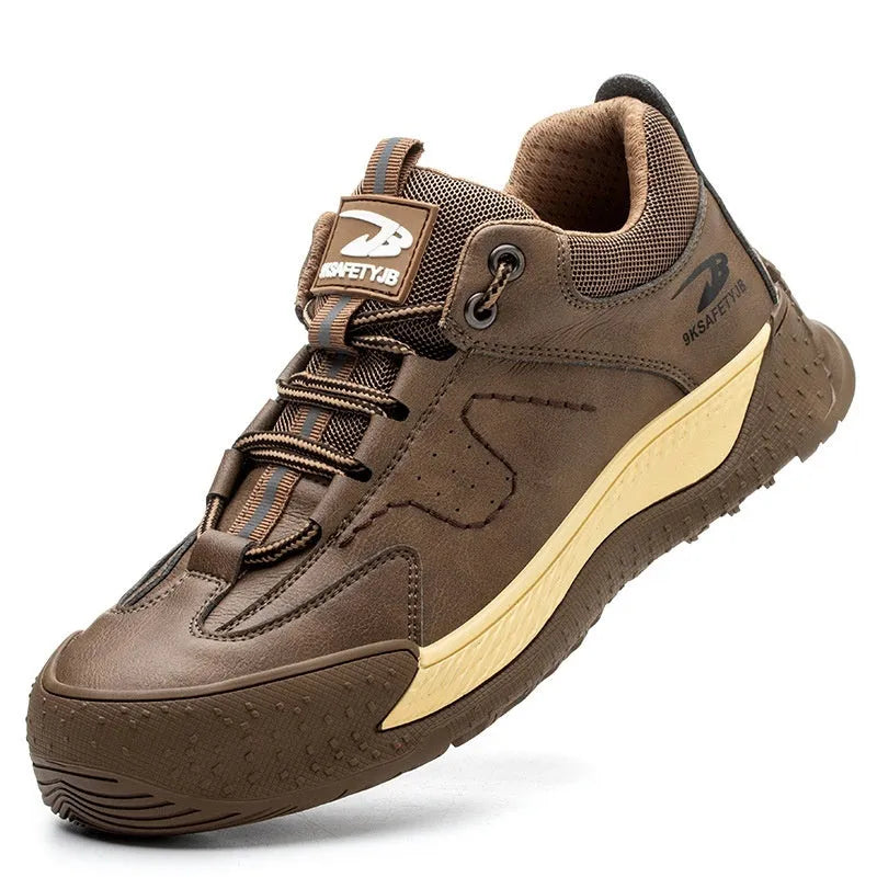 Flyknit safety work shoes with leather upper and rubber sole in multiple colour options