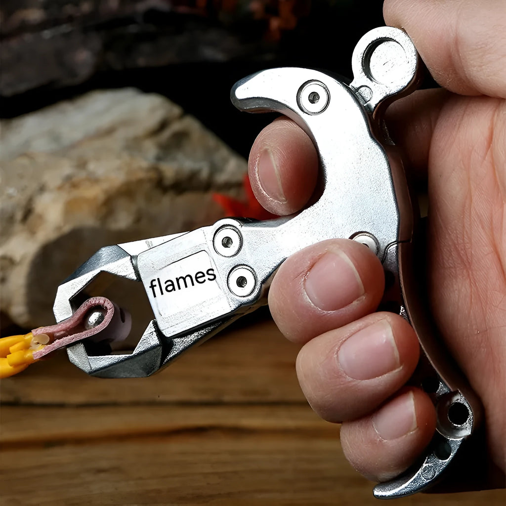 Zinc alloy archery release aid with two-axis mechanism and harpoon clip for flame dispensing