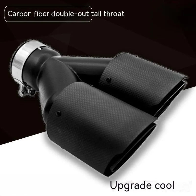 Black carbon fibre dual outlet car exhaust pipe silencer, 250mm long.
