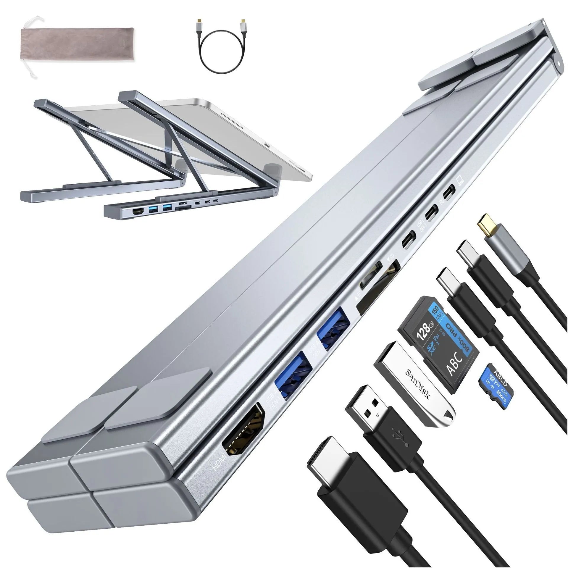 Silver aluminium folding laptop stand with integrated multi-port docking hub and HDMI port