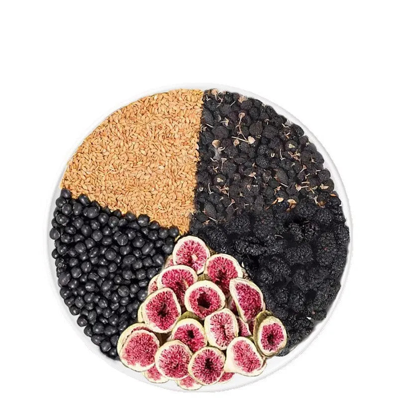 Box of 120 pack mulberry flaxseed fig herbal tea blend with a white cup