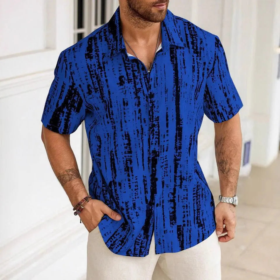 Men's short sleeve striped shirt in anti-wrinkle polyester with 3D printing