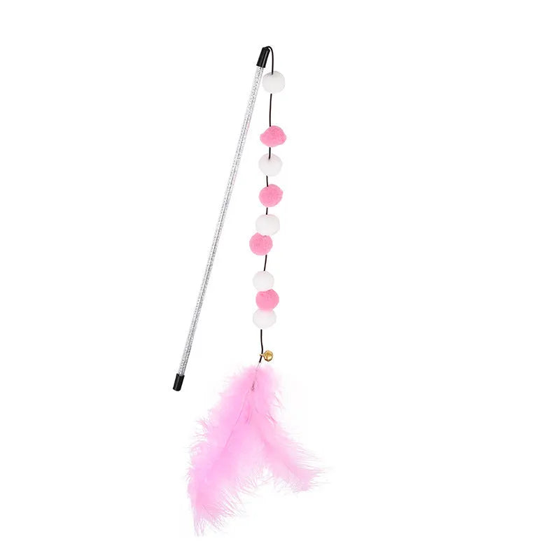 Colourful cat teaser stick with acrylic pompons and feather attachments measuring 31cm long