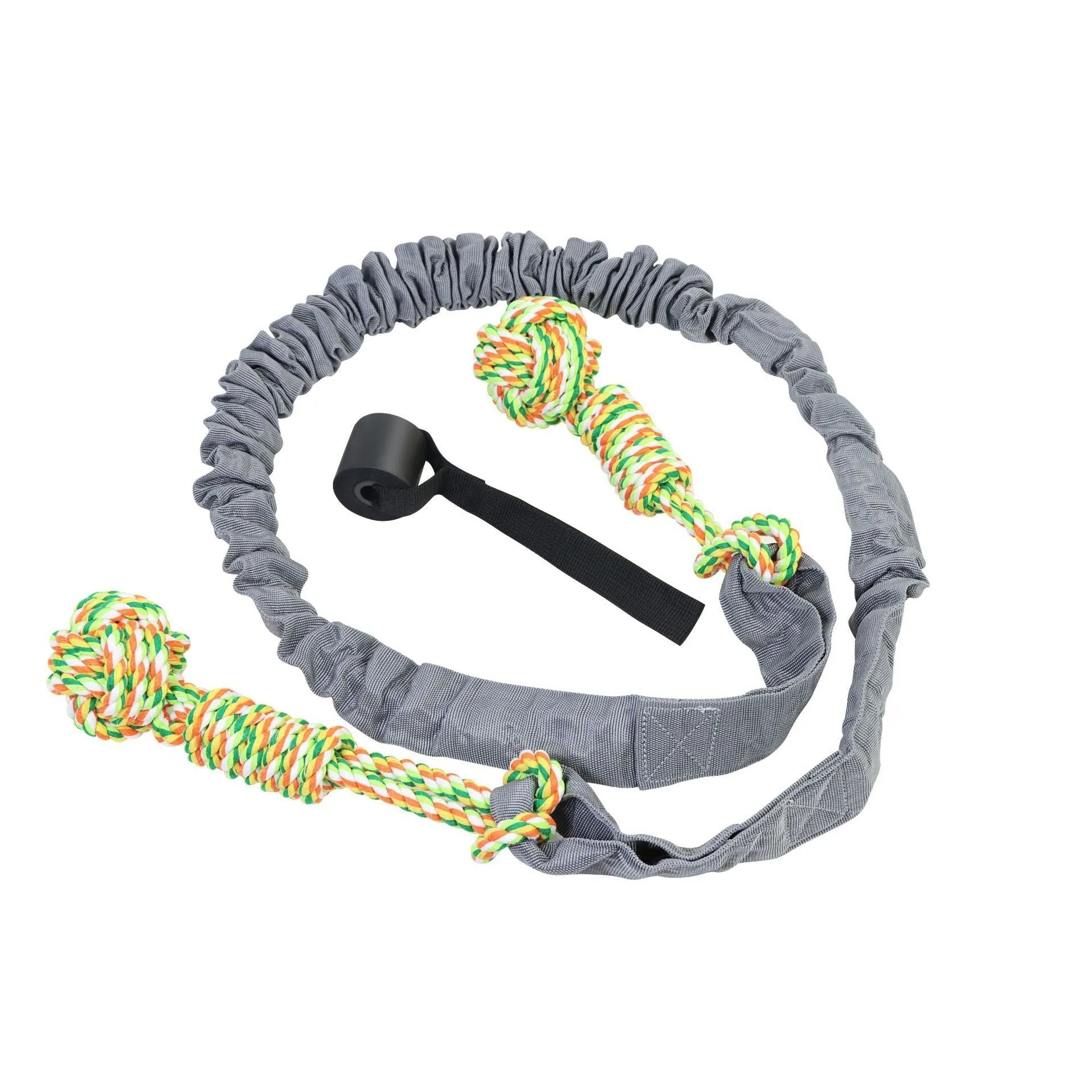 Braided cotton dog tug of war rope toy in black colour with handle sections