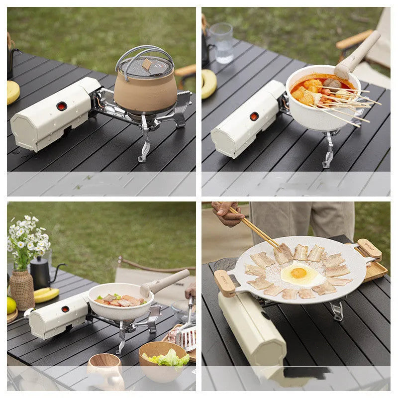 Green portable folding gas stove with serrated pot support and adjustable valve, shown with storage bag.