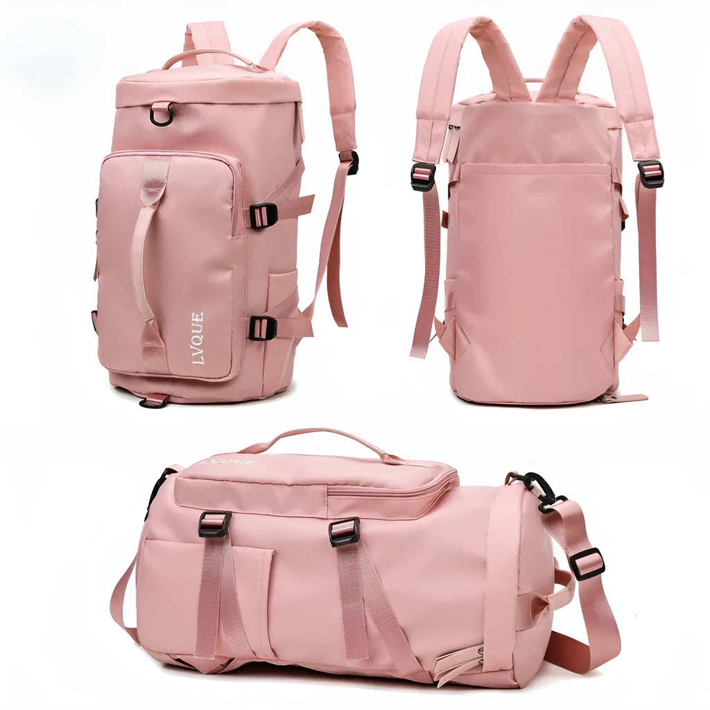 Waterproof nylon gym backpack showing three carrying options and separate shoe compartment