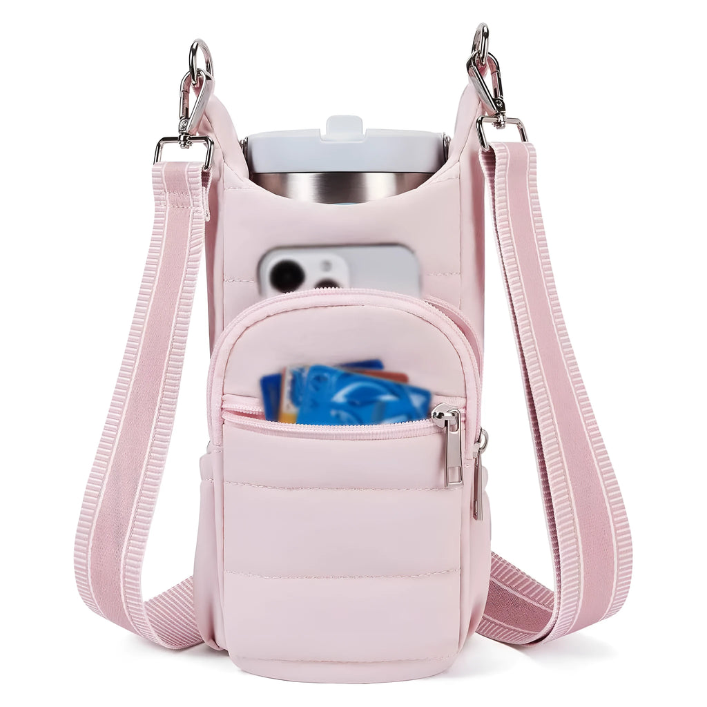 Cloth water bottle bag for bicycle mounting in black, pink, or beige colours