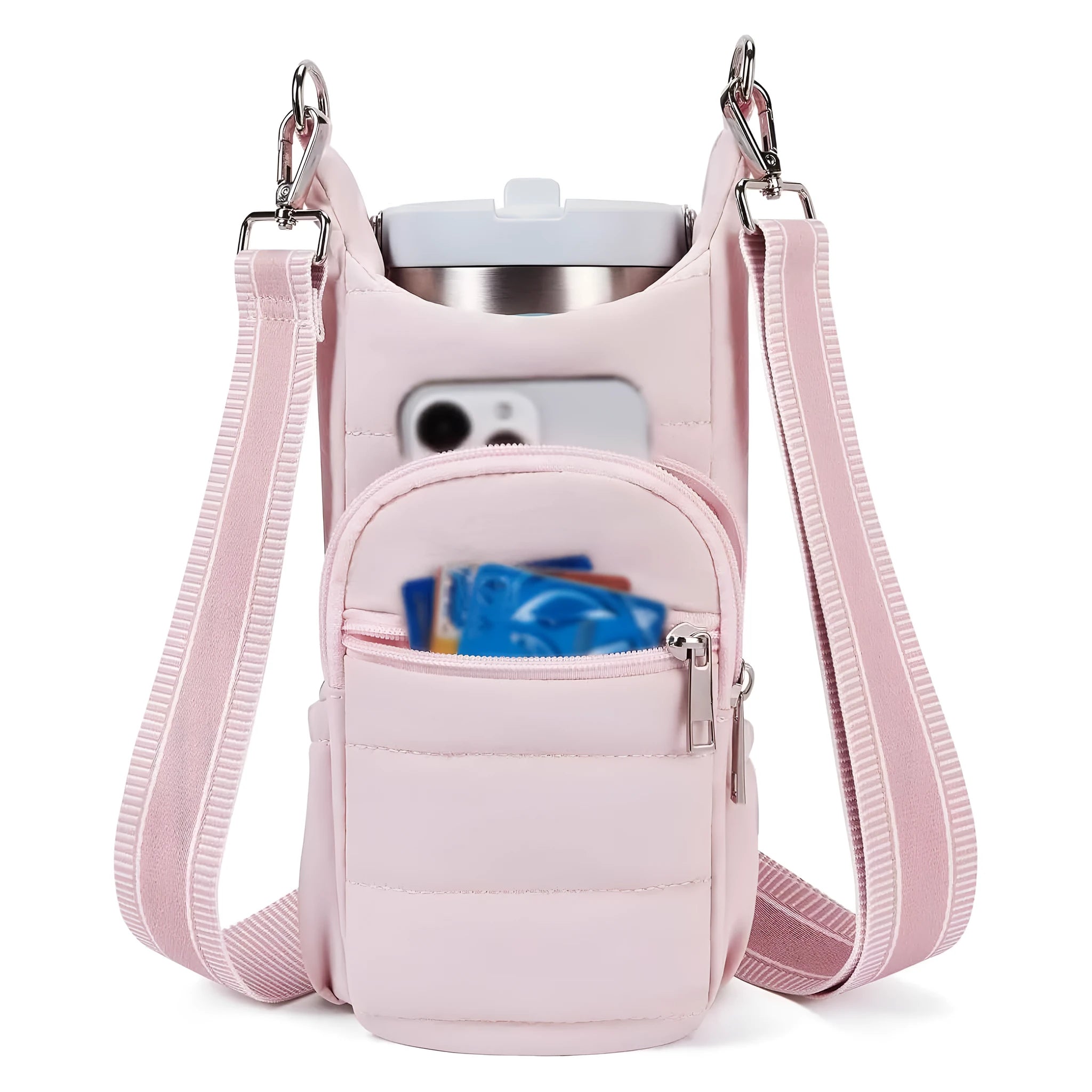 Cloth water bottle bag for bicycle mounting in black, pink, or beige colours