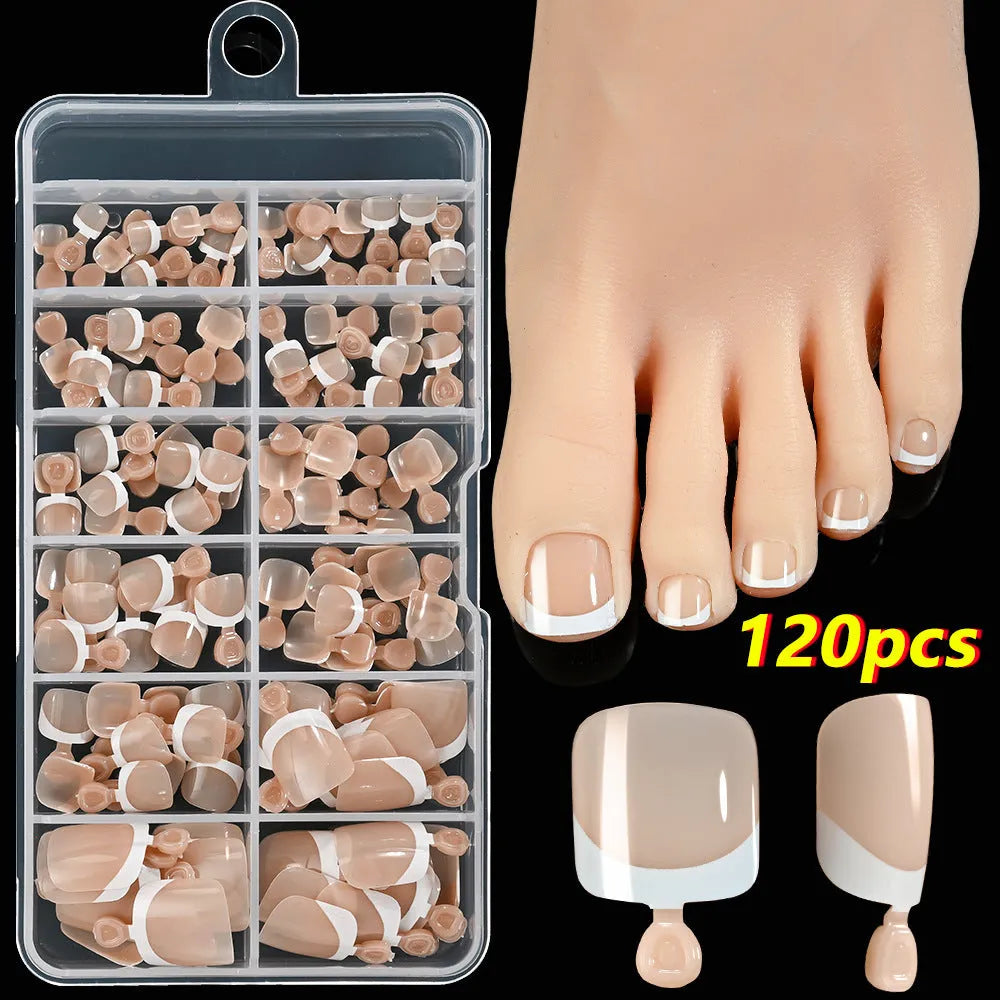 120 French white edge full square short nude nail pieces in a box, showing multiple shades.
