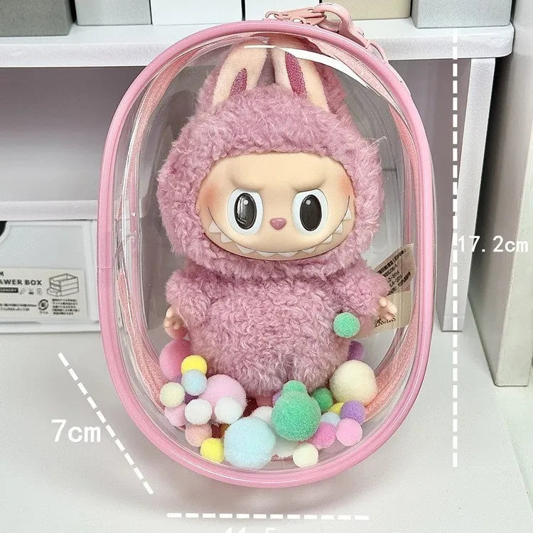 Transparent PVC cotton doll storage bag 17cm cube with keychain attachment options