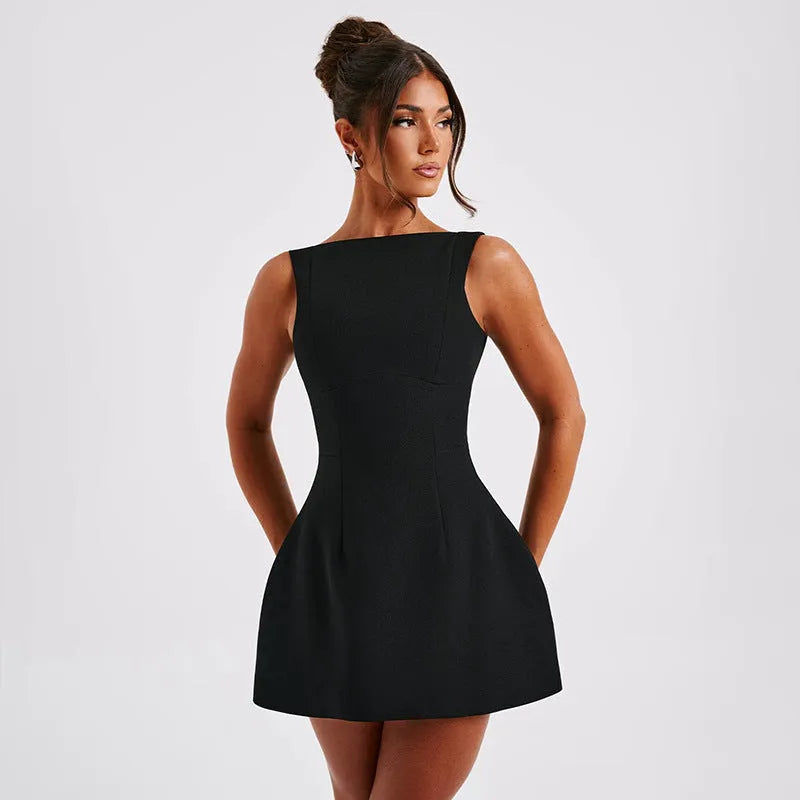 Women's slim-fitting backless sleeveless short summer dress in polyester fabric.