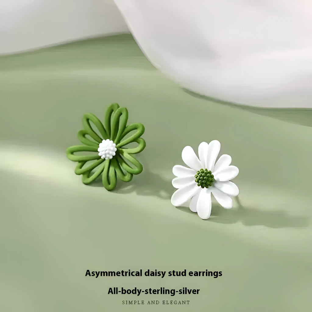 Alloy flower-shaped stud earrings in two-tone blue orange, white green, and yellow white colour combinations.