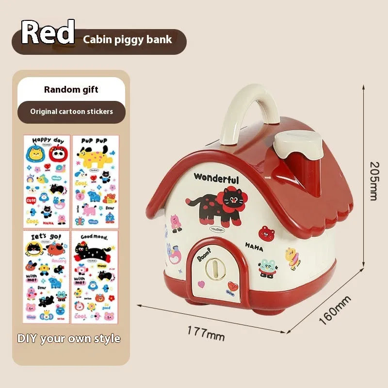 Red and brown cartoon sticker designs on a plastic desktop storage box with grid organiser compartments.