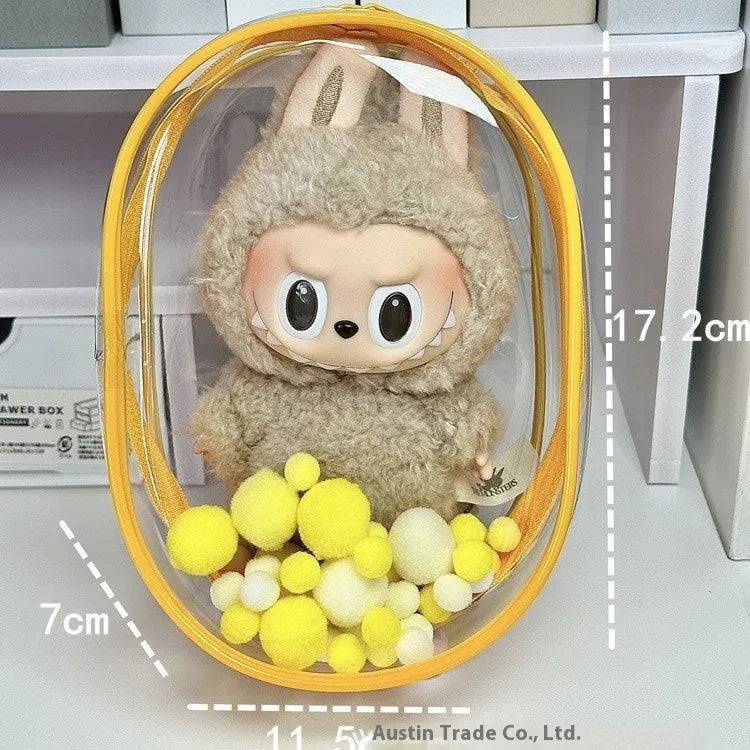 Transparent PVC cotton doll storage bag 17cm cube with keychain attachment options
