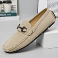 Men's casual round-toe leather shoes in black, brown, and beige colour options