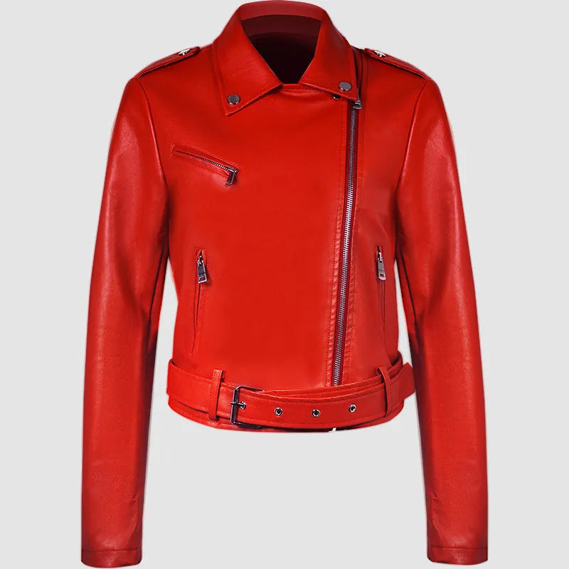 Women's black PU leather motorbike jacket with lapel collar and detachable short belt.