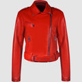 Women's black PU leather motorbike jacket with lapel collar and detachable short belt.