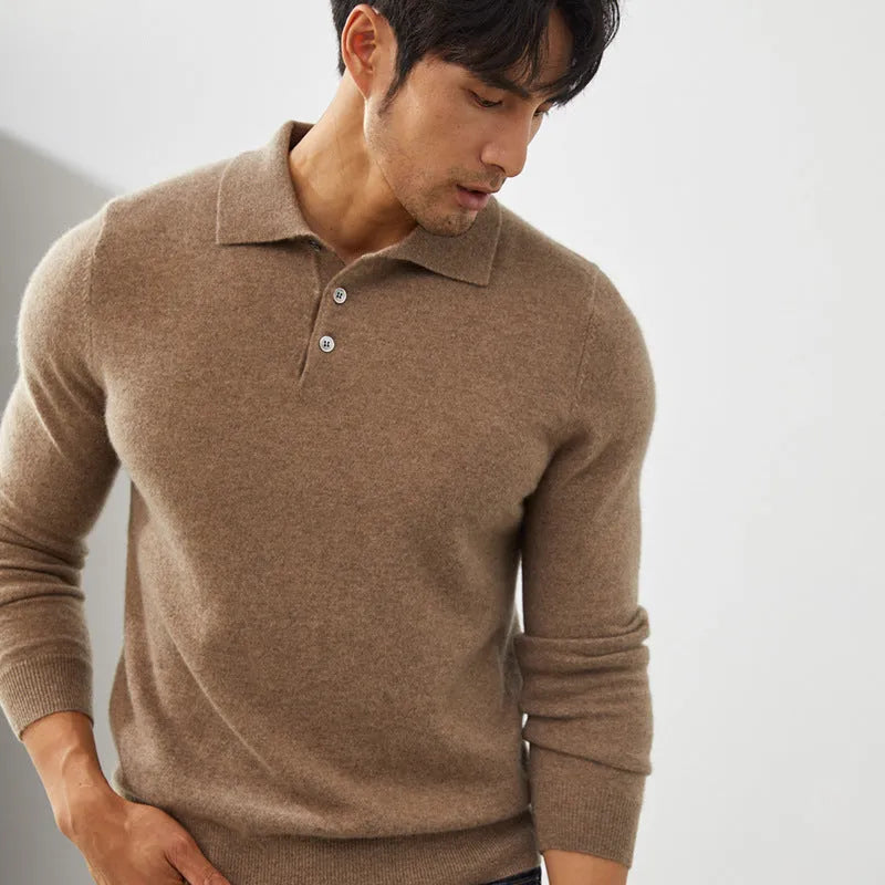 Man wearing a sapphire blue cashmere polo collar pullover sweater with a loose fit.