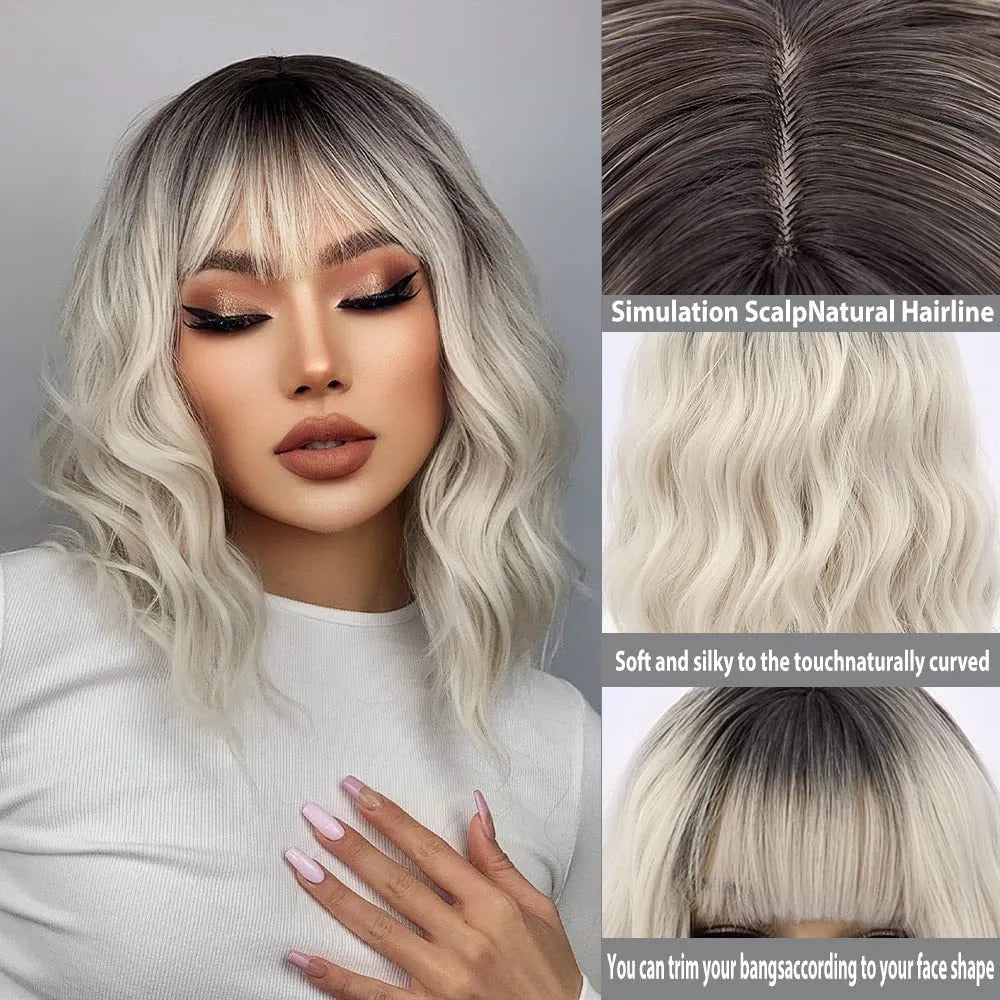 Women's ethnic style short hair wig in picture color with oblique bangs made of high temperature silk