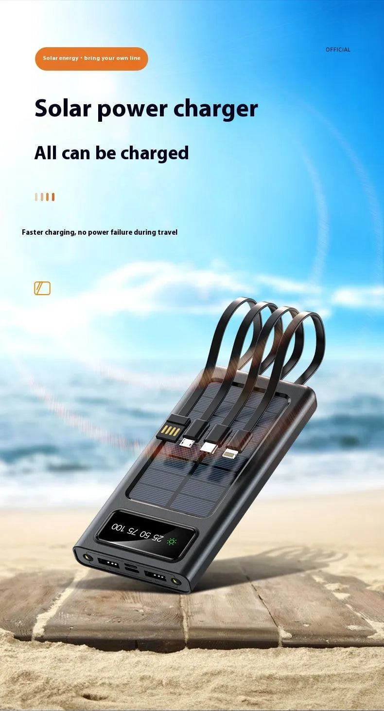 Solar power bank with integrated charging cable in black or white plastic casing