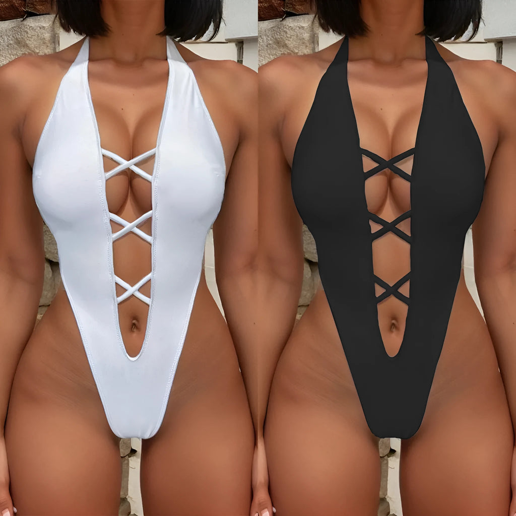 Women's solid colour one-piece nylon spandex swimsuit in 6683 Black, S to XL sizes, for swimming and wading