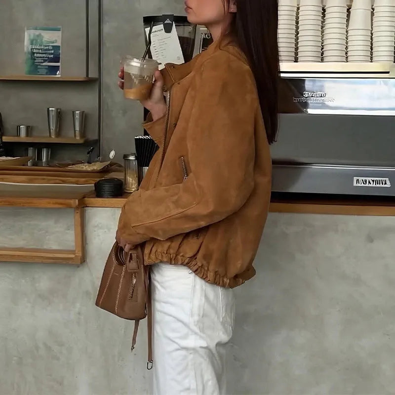 Retro solid colour loose fit long sleeve jacket on a hanger