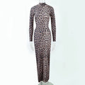 Leopard print long dress with stand collar and long sleeves in milk silk fabric