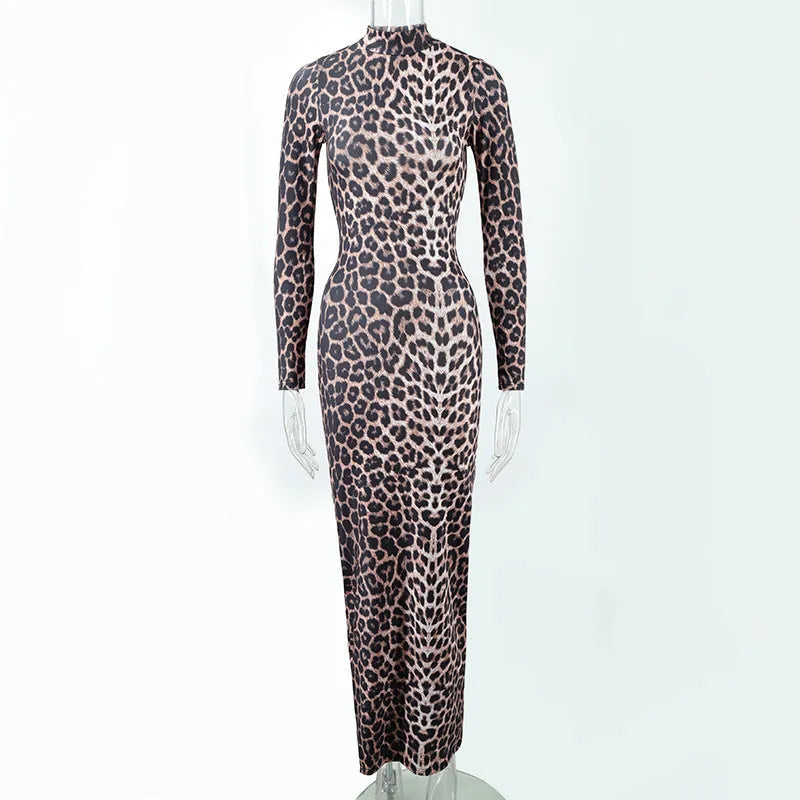 Leopard print long dress with stand collar and long sleeves in milk silk fabric
