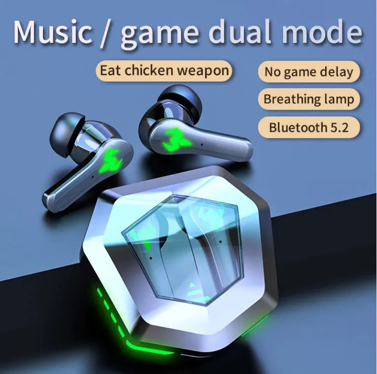 Black N35 wireless in-ear gaming Bluetooth headset with earplugs.