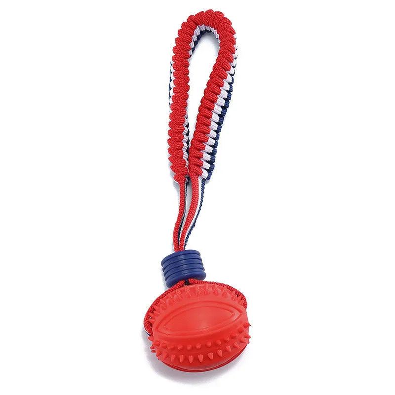 Blue or red natural rubber dog ball on rope toy measuring 29cm total length with 6.5cm diameter ball
